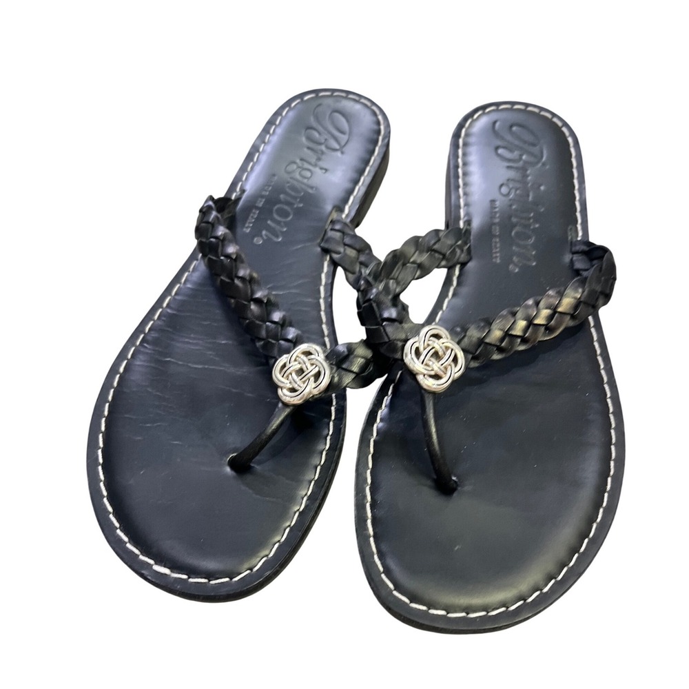 Brighton Aisha Black Leather Braided Thong Sandals Made in Italy Womens Size 8M